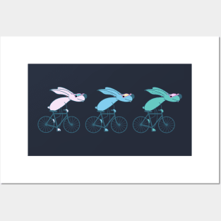 Three funny bicycle bunnies Posters and Art